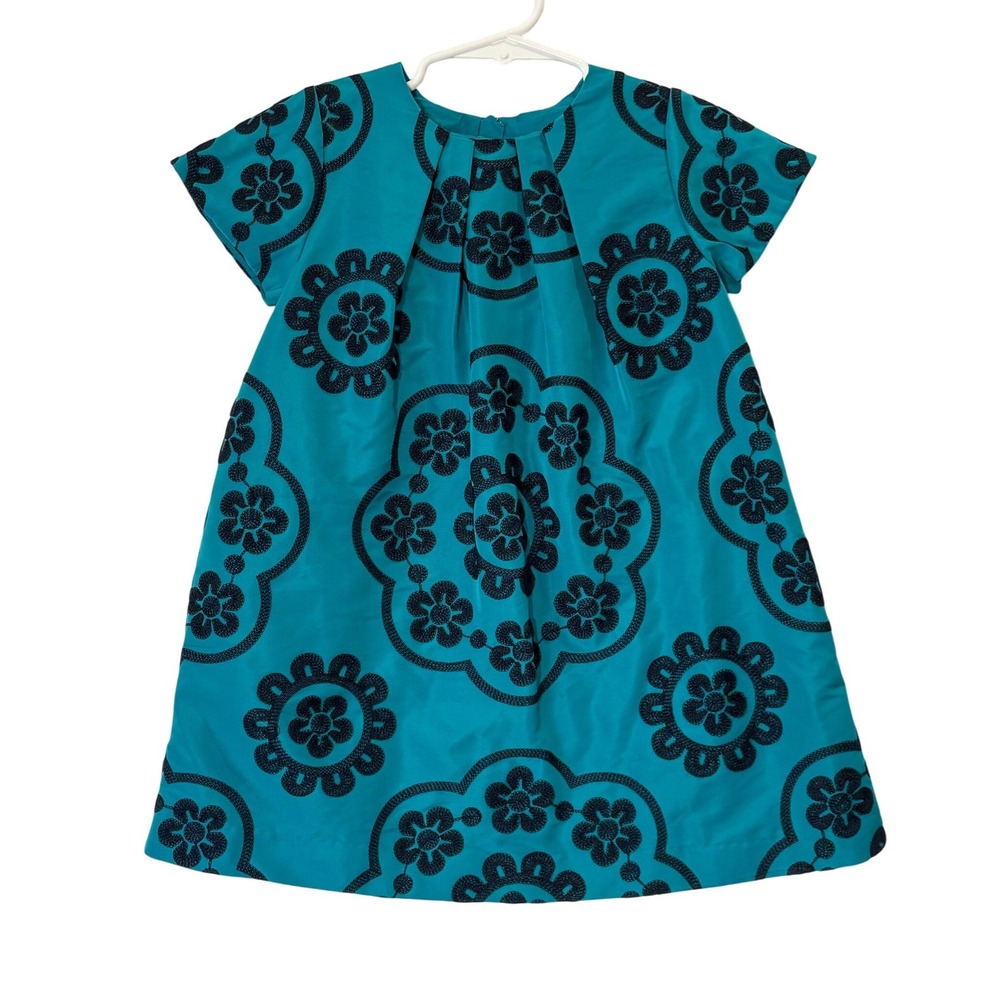 Jacadi Paris Girls Teal Blue Navy Floral Embroidered Trapeze Dress Size 4A 104cm - Picture 2 of 11